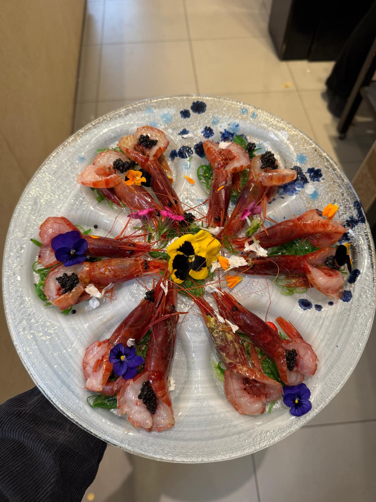 Prawns with edible flowers